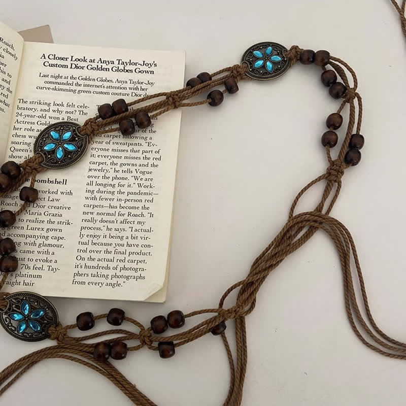 Boho-Geflochtener Taillenseil-Gürtel für Frauen mit Edelsteinholzperlen