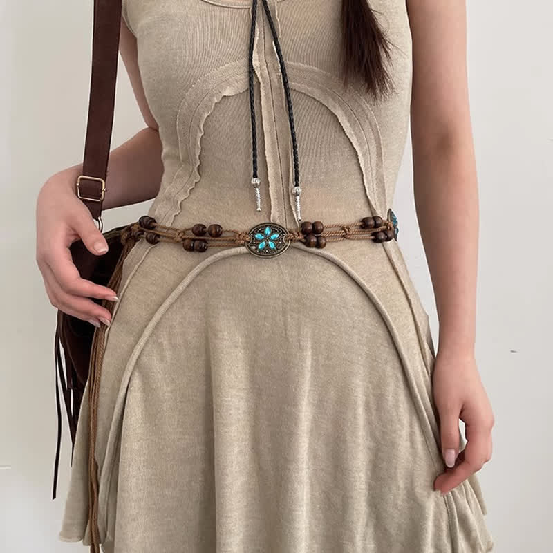 Boho-Geflochtener Taillenseil-Gürtel für Frauen mit Edelsteinholzperlen