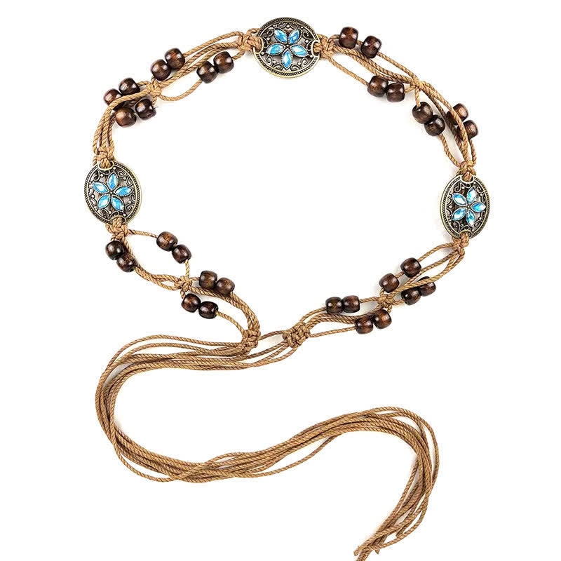 Boho-Geflochtener Taillenseil-Gürtel für Frauen mit Edelsteinholzperlen