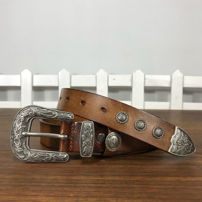 Vintage Ledergürtel mit geschnitzter Blumenschnalle und Nieten