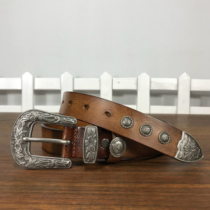 Vintage Ledergürtel mit geschnitzter Blumenschnalle und Nieten