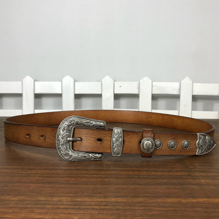 Vintage Ledergürtel mit geschnitzter Blumenschnalle und Nieten