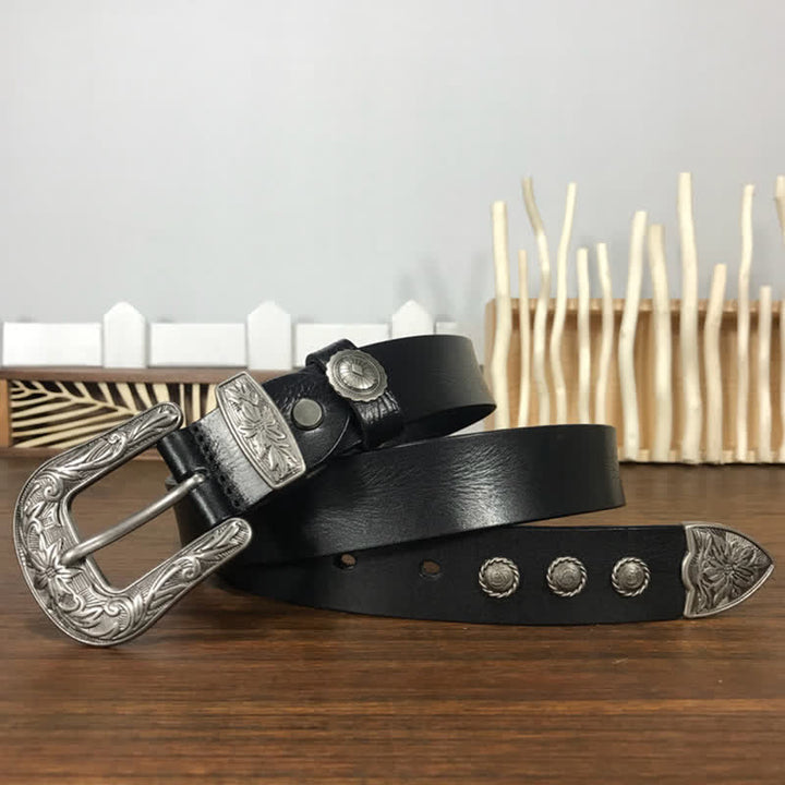 Vintage Ledergürtel mit geschnitzter Blumenschnalle und Nieten