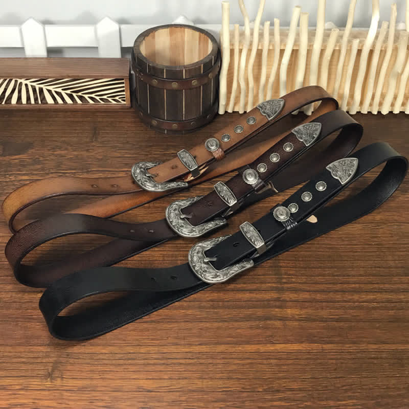 Vintage Ledergürtel mit geschnitzter Blumenschnalle und Nieten