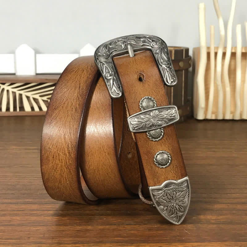 Vintage Ledergürtel mit geschnitzter Blumenschnalle und Nieten