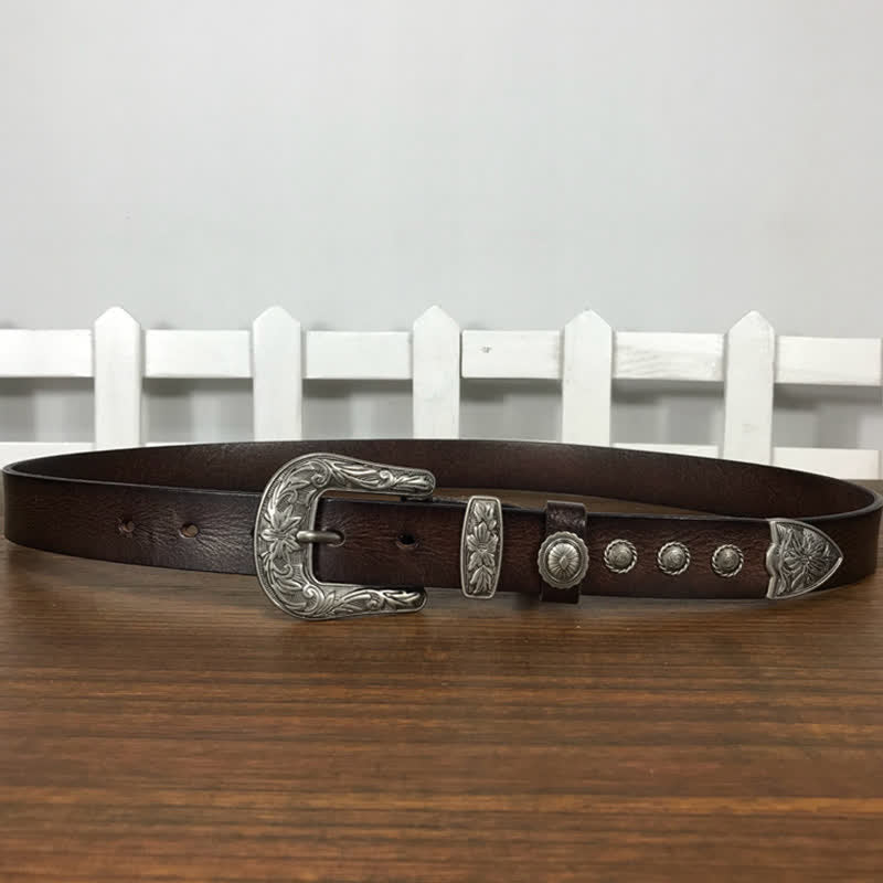 Vintage Ledergürtel mit geschnitzter Blumenschnalle und Nieten