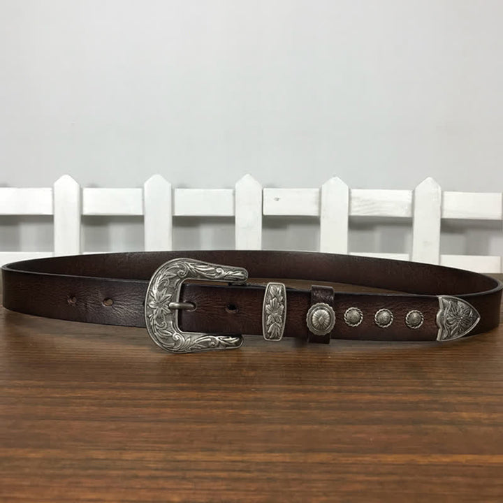 Vintage Ledergürtel mit geschnitzter Blumenschnalle und Nieten
