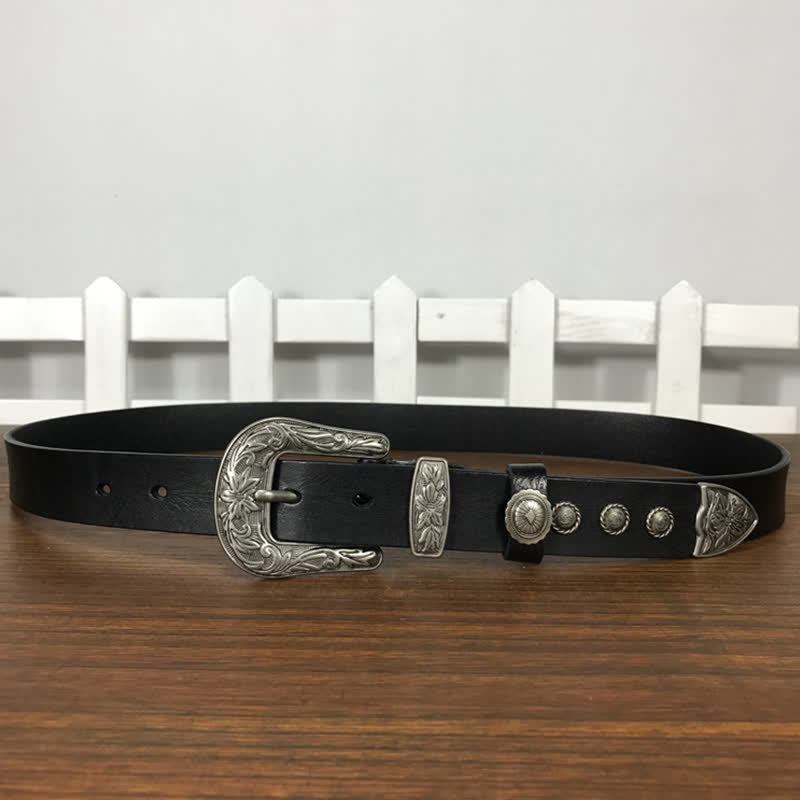 Vintage Ledergürtel mit geschnitzter Blumenschnalle und Nieten