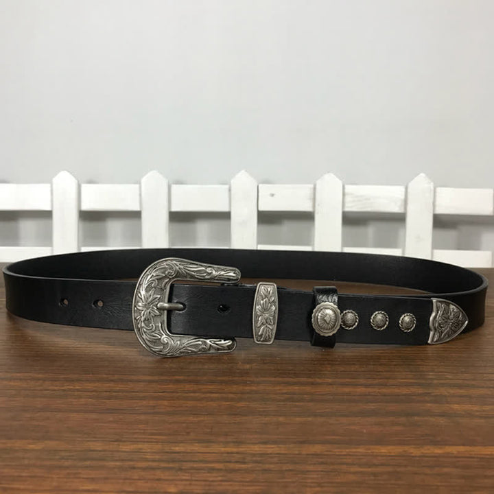 Vintage Ledergürtel mit geschnitzter Blumenschnalle und Nieten