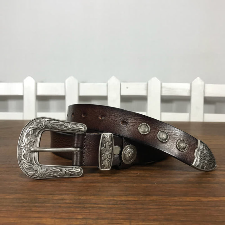 Vintage Ledergürtel mit geschnitzter Blumenschnalle und Nieten