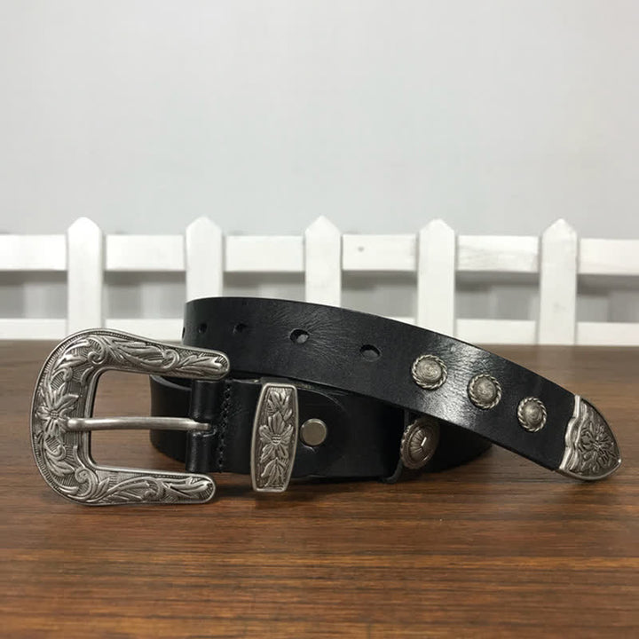 Vintage Ledergürtel mit geschnitzter Blumenschnalle und Nieten