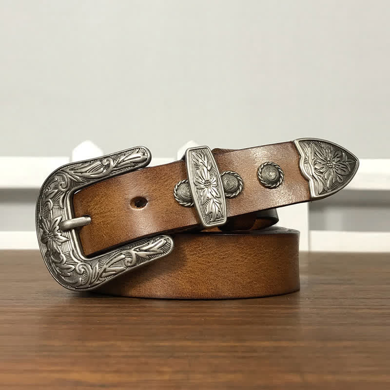 Vintage Ledergürtel mit geschnitzter Blumenschnalle und Nieten