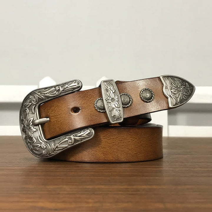 Vintage Ledergürtel mit geschnitzter Blumenschnalle und Nieten