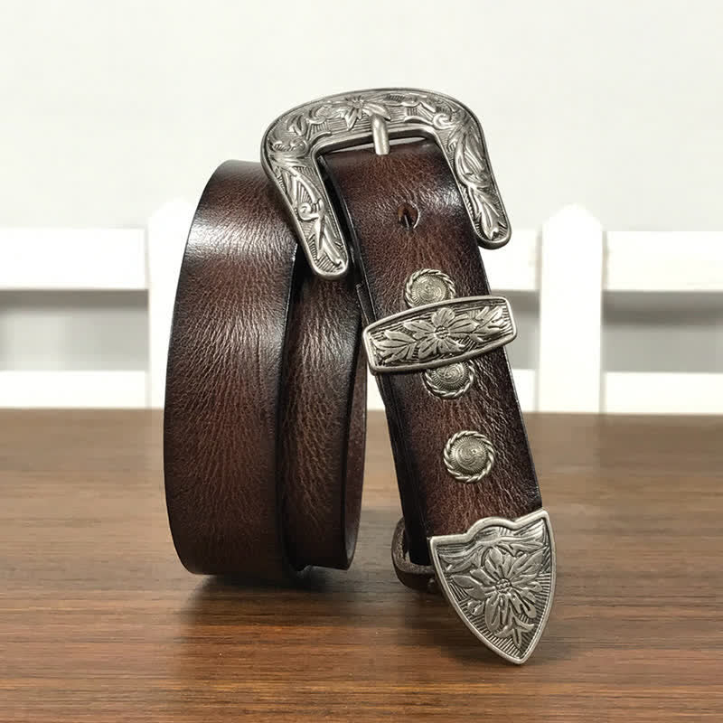 Vintage Ledergürtel mit geschnitzter Blumenschnalle und Nieten