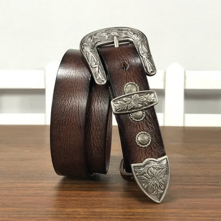 Vintage Ledergürtel mit geschnitzter Blumenschnalle und Nieten