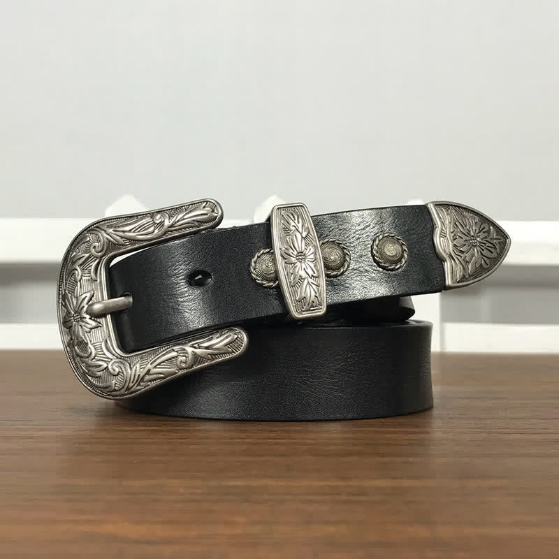 Vintage Ledergürtel mit geschnitzter Blumenschnalle und Nieten