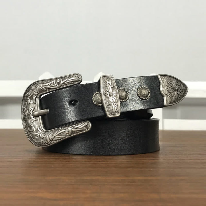 Vintage Ledergürtel mit geschnitzter Blumenschnalle und Nieten