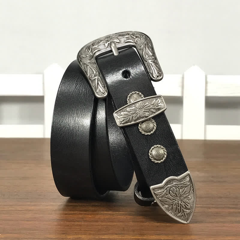 Vintage Ledergürtel mit geschnitzter Blumenschnalle und Nieten