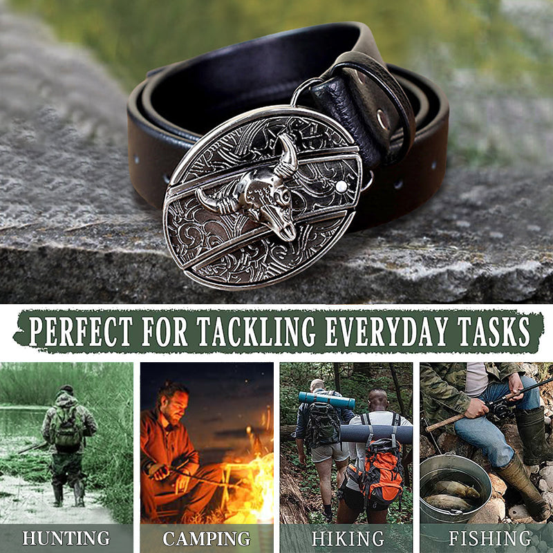 Herren-Stierkopf-Ledergürtel mit Klappmesser