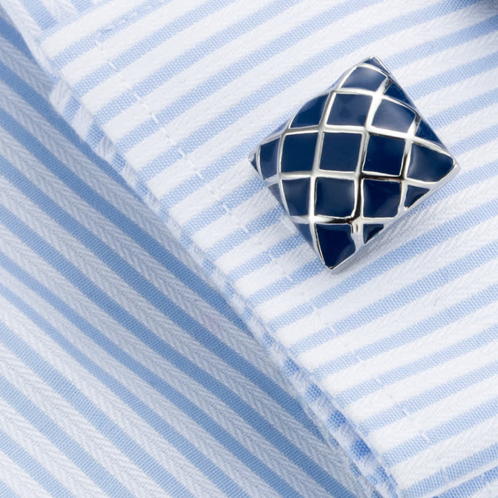 Herren Manschettenknöpfe Blau Wave Check Square