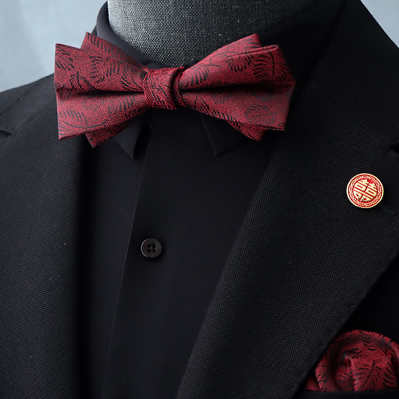 2 Stück Herren Burgunderfarbener Floraler Fliegen- und Taschentuch-Set