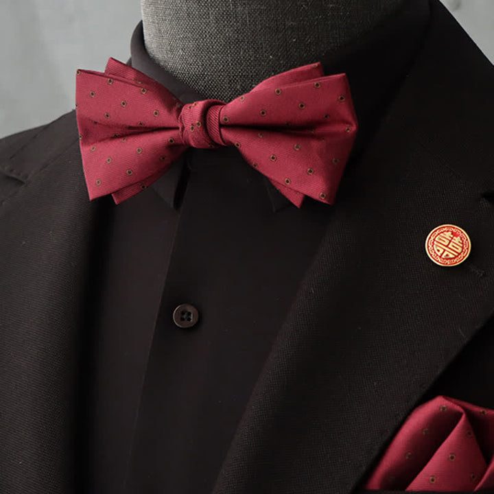 2 Stück Herren Burgunderfarbener Floraler Fliegen- und Taschentuch-Set