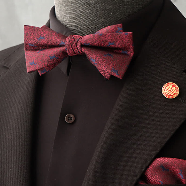 2 Stück Herren Burgunderfarbener Floraler Fliegen- und Taschentuch-Set