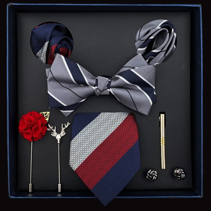 8er Pack Herren Grau Blau Rot Gestreifte Fliegen Geschenkbox