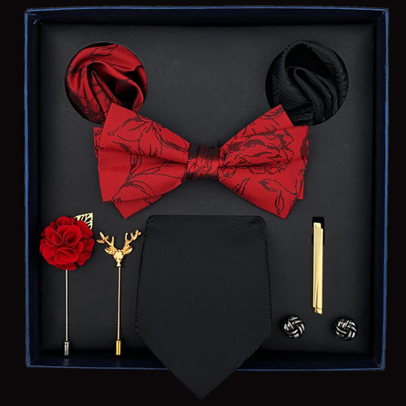 8er-Set Edle Schwarze & Rote Blumige Fliegen Geschenkbox für Herren