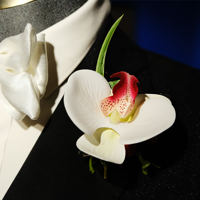 3er-Set Herren Weißes Phalaenopsis Fliege & Taschentuch Set