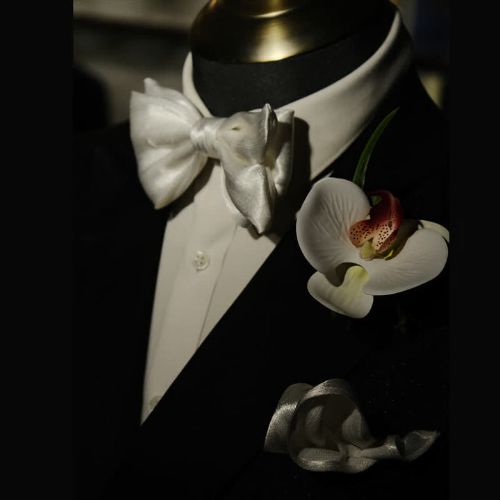 3er-Set Herren Weißes Phalaenopsis Fliege & Taschentuch Set