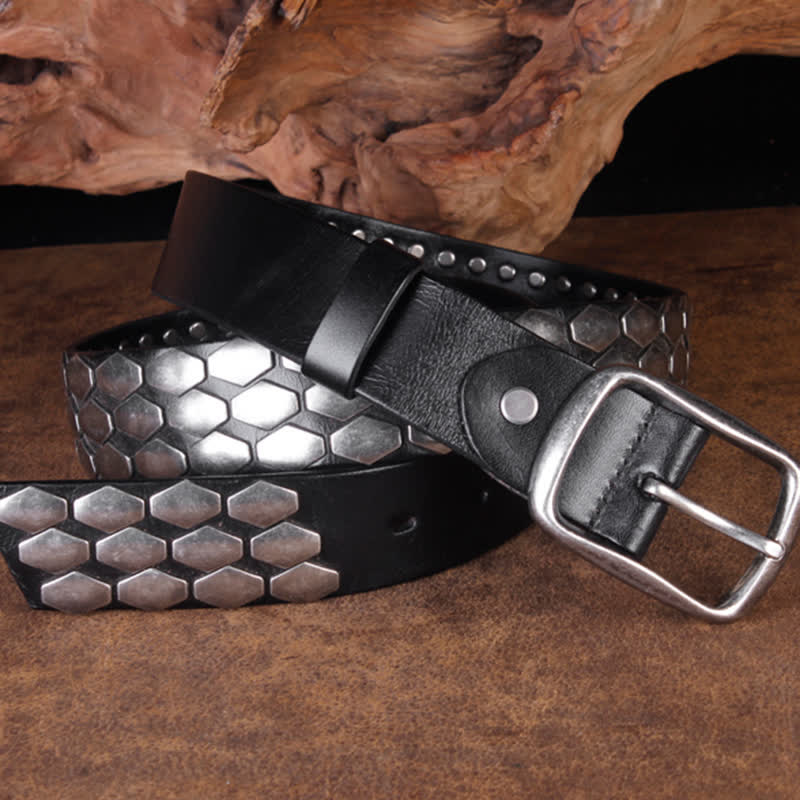 Punk-Ledergürtel für Männer mit Fischschuppenflocken und Nieten