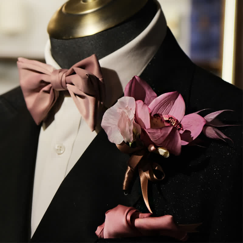 3-teiliges Herren Smokey Pink Brosche Taschentuch Fischschwanz Fliege Set