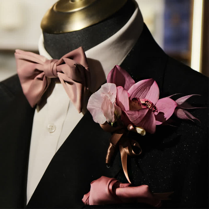 3-teiliges Herren Smokey Pink Brosche Taschentuch Fischschwanz Fliege Set