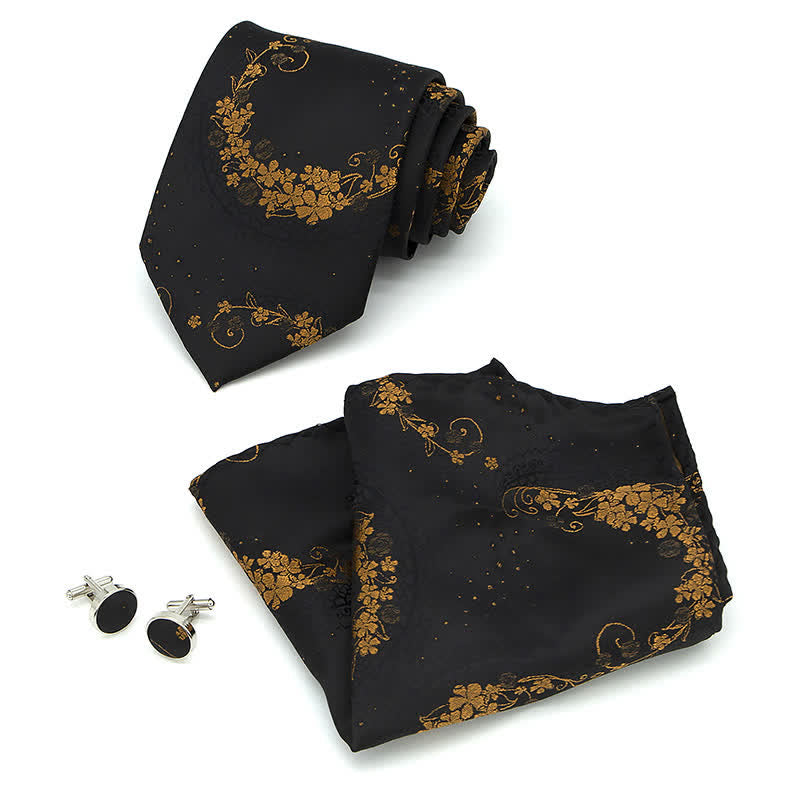 3Pcs Männer Gold Schwarz Exquisite Paisley Stickerei Krawatten-Set