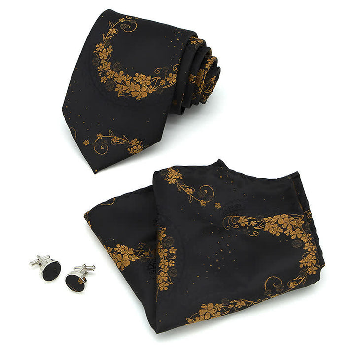 3Pcs Männer Gold Schwarz Exquisite Paisley Stickerei Krawatten-Set