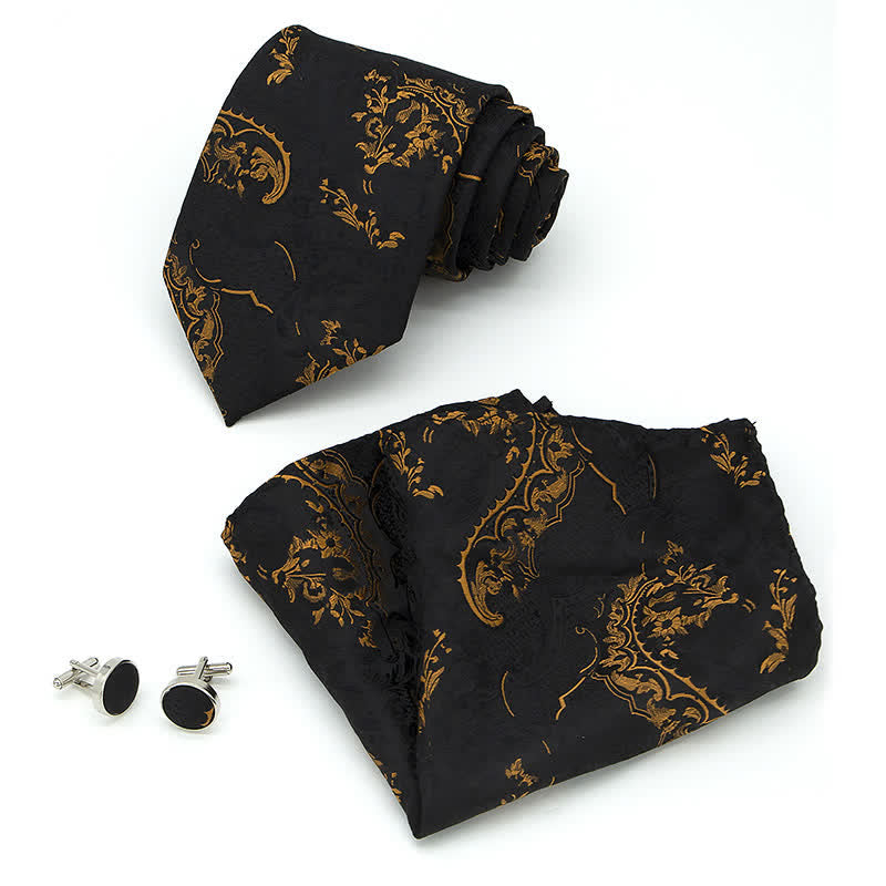 3Pcs Männer Gold Schwarz Exquisite Paisley Stickerei Krawatten-Set