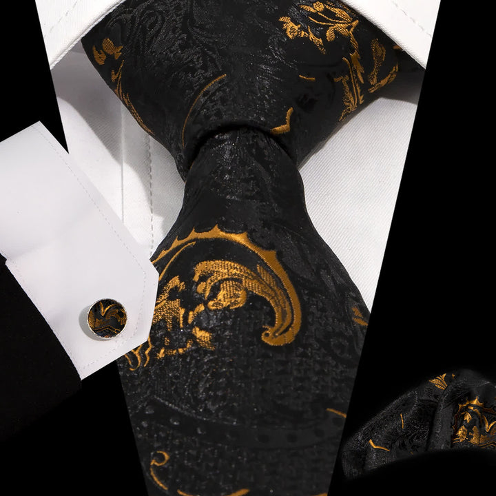 3Pcs Männer Gold Schwarz Exquisite Paisley Stickerei Krawatten-Set