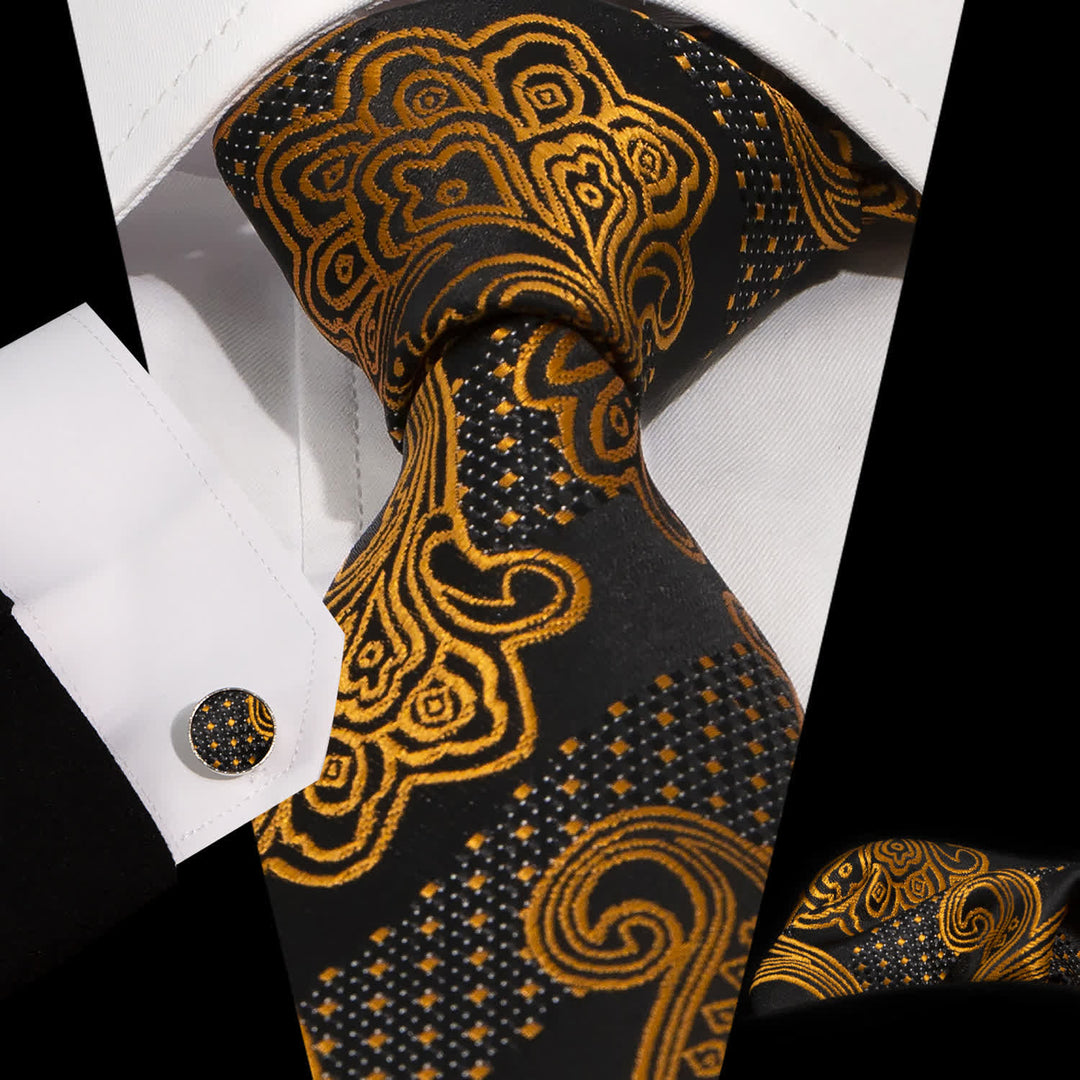 3Pcs Männer Gold Schwarz Exquisite Paisley Stickerei Krawatten-Set