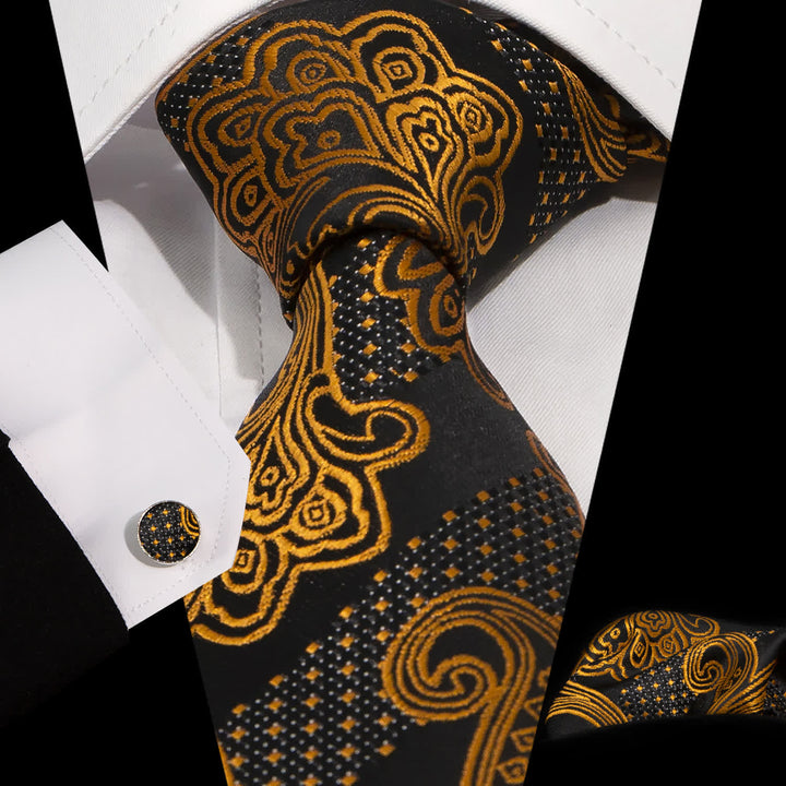 3Pcs Männer Gold Schwarz Exquisite Paisley Stickerei Krawatten-Set
