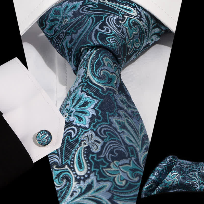 3Pcs Herren DarkTurquoise Paisley-Blumenmuster Krawatten-Set