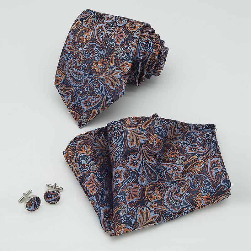3-teiliges Herren-Set mit schöner blauer und orangefarbener Paisley-Fliegenkrawatte