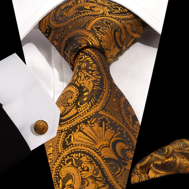 3Pcs Herren Luxuriöses Gold Schwarzes Paisley-Muster Krawatten-Set