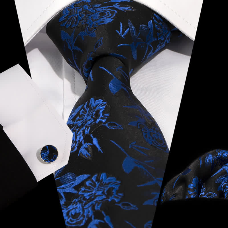 3-teiliges Herren-Halsketten-Set in Königsblau und Schwarz mit Blumen- und Blätterdesign