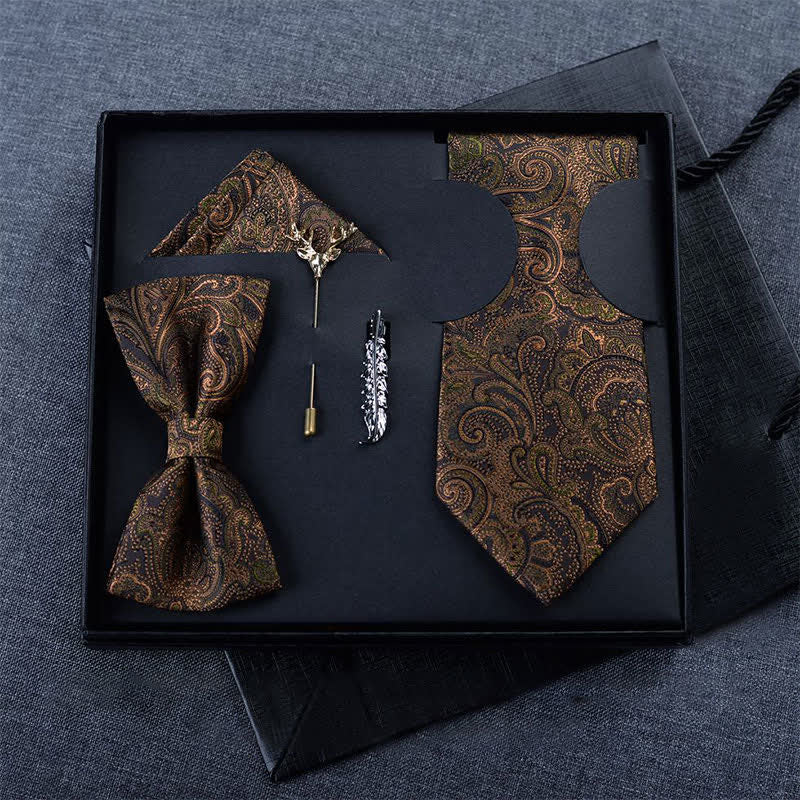 5 Stück Herren Dunkelbraune & Schwarze Paisley Fliegen Geschenkbox