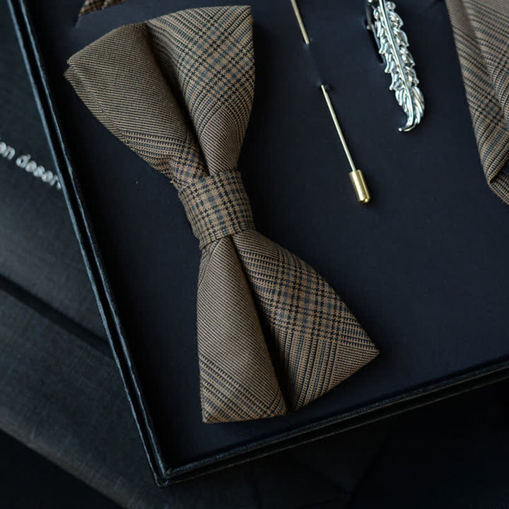 5 Stück Herren Vintage Kaffee Braun Karo Fliegen Geschenkbox