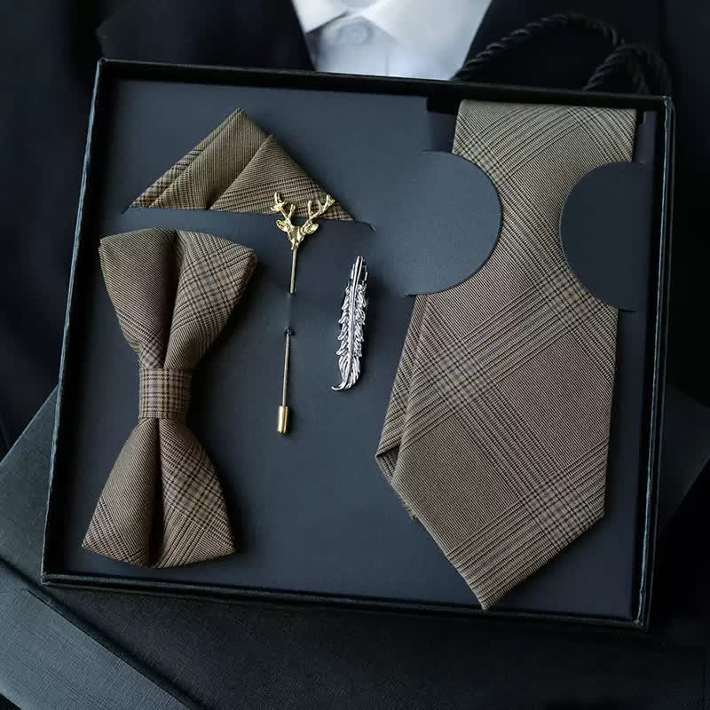 5 Stück Herren Vintage Kaffee Braun Karo Fliegen Geschenkbox