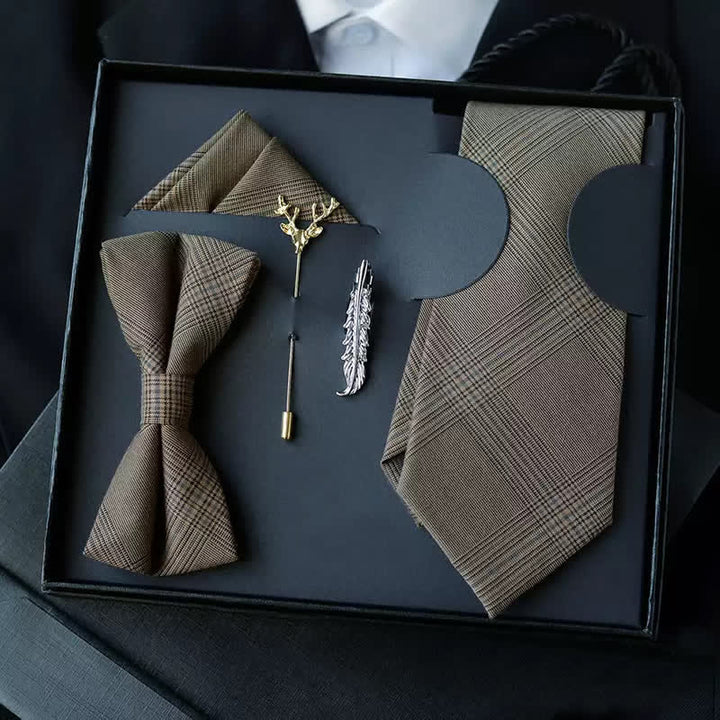 5 Stück Herren Vintage Kaffee Braun Karo Fliegen Geschenkbox