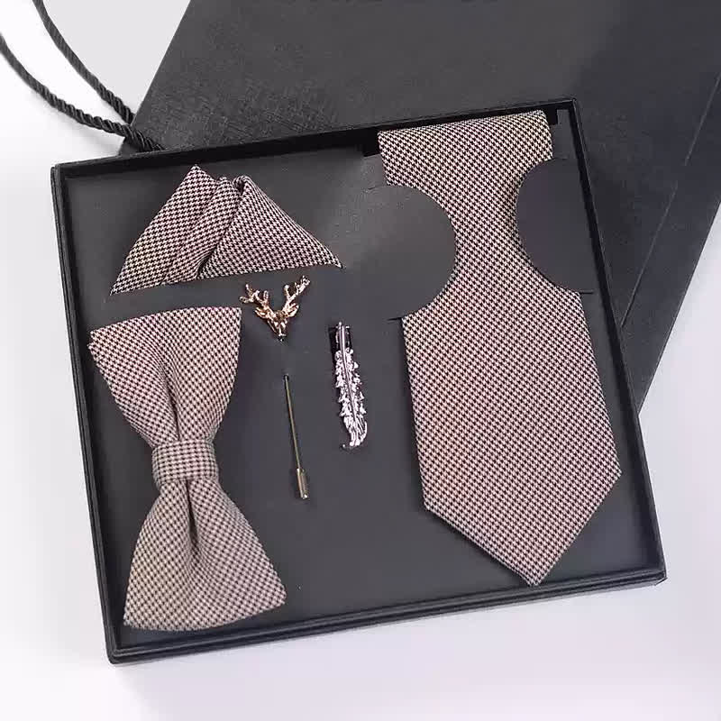 5 Stk. Herren schwarz-braun Hahnentritt-Fliegen Geschenkbox