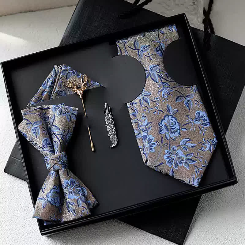 5 Stück Herren Tan & Blau Rose Blumenfliegen Geschenkbox